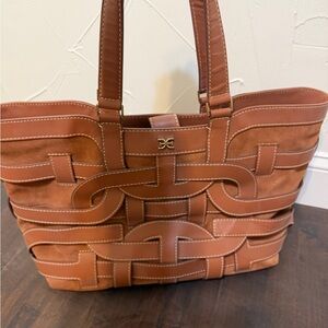 Sam Edelman Suede & Woven Leather Tote in Cognac Brown